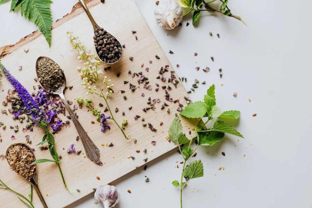 Herbs and spices on a tray